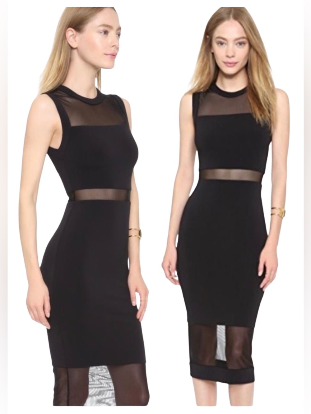 Alice + Olivia AIR Black Mesh Sheer Panel Midi Dress Bodycon 6 Goth Sirencore